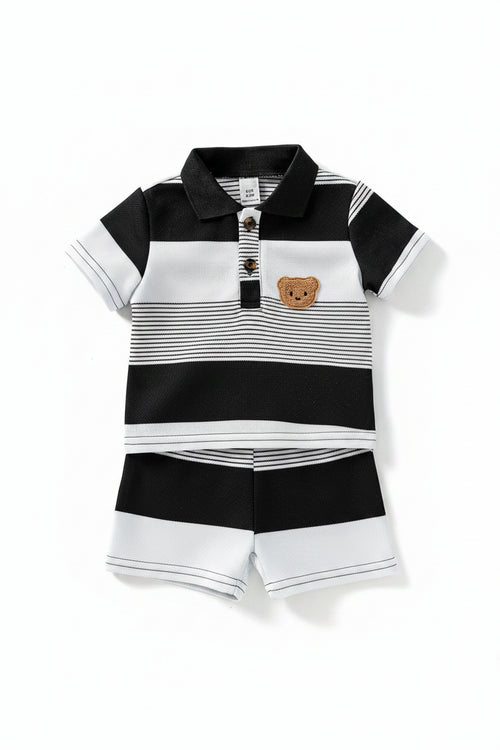 Conjunto 2 Peças Bebê Menino Teddy Bear | Camiseta Listrada + Shorts Casual 3M–3 Anos