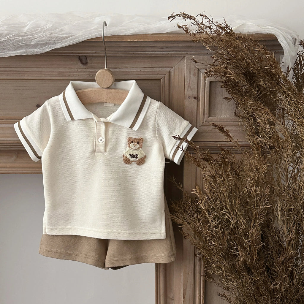 Conjunto 2 Peças Bebê Unissex Teddy Bear | Camiseta Listrada Urso + Shorts Algodão Verão 6M–2 Anos