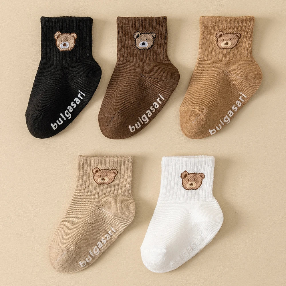 Kit 5 Pares Meias Bebê Antiderrapante | Estampa Urso Unissex 6M–5 Anos