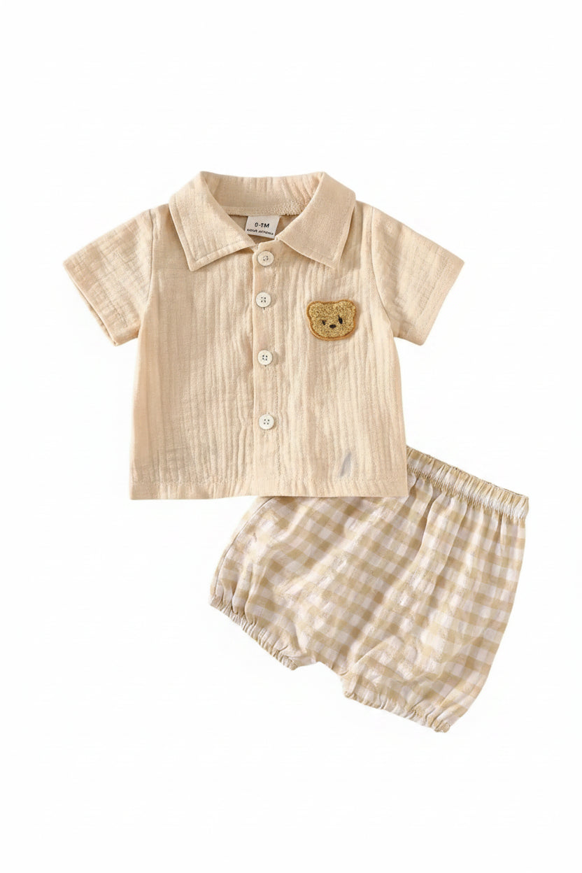 Conjunto 2 Peças Bebê Menino | Camisa Bordado Urso + Short Xadrez 0–9 Meses