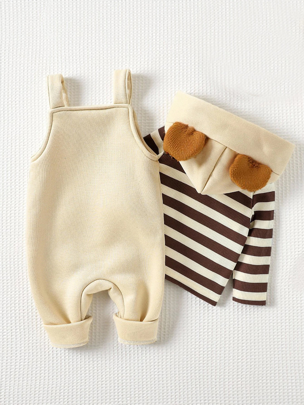 Conjunto 2 Peças Bebê Menino | Moletom Listrado com Capuz + Jardineira Bordado Urso 0–2 Anos