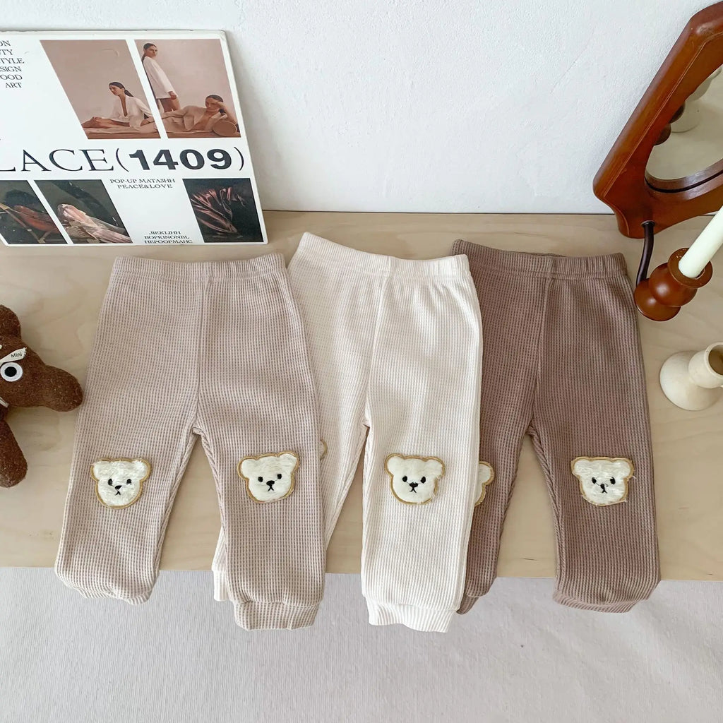 Calça Bebê Harem Waffle Teddy Bear | Estampa Urso Algodão Elástico 0–2 Anos
